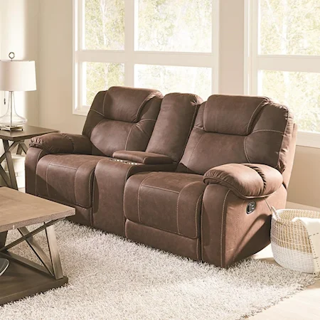 Casual Manual Reclining Loveseat with Plush Pillow Arms, Cup Holders, and Storage Console